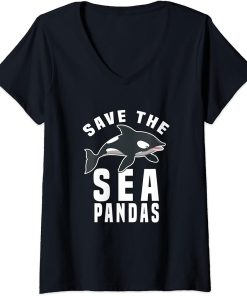 Womens Save The Sea Pandas Funny Orca Killer Whale V-Neck T-Shirt