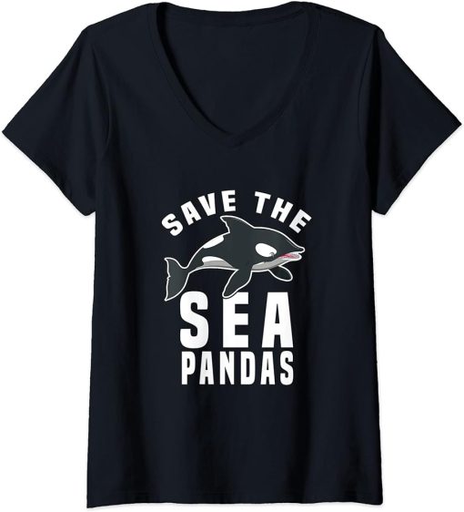 Womens Save The Sea Pandas Funny Orca Killer Whale V-Neck T-Shirt