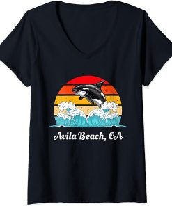 Womens Vintage Avila Beach CA Distressed Orca Killer Whale Art V-Neck T-Shirt