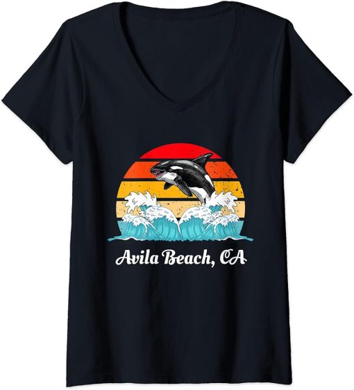 Womens Vintage Avila Beach CA Distressed Orca Killer Whale Art V-Neck T-Shirt