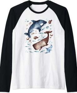 Orca Whale Motif For Kids With Ocean Fish Pattern Cute Fishy Raglan Baseball Tee