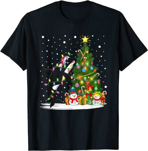 Orca Christmas Tree Lights Pajama Santa Orca Lover Xmas T-Shirt