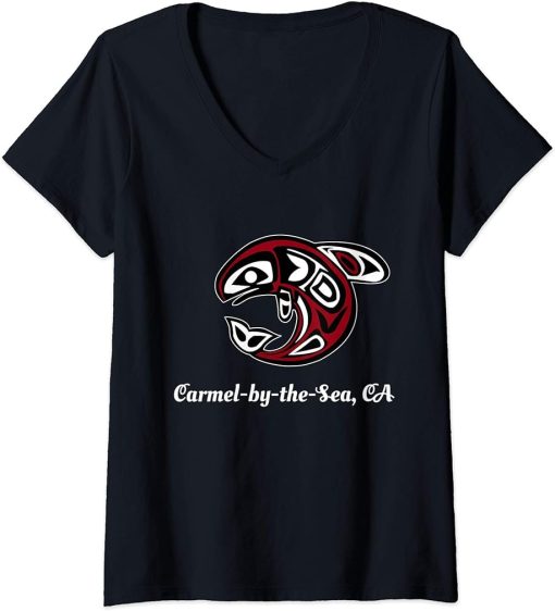 Womens Native American Carmel-by-the-Sea CA Orca Killer Whale V-Neck T-Shirt